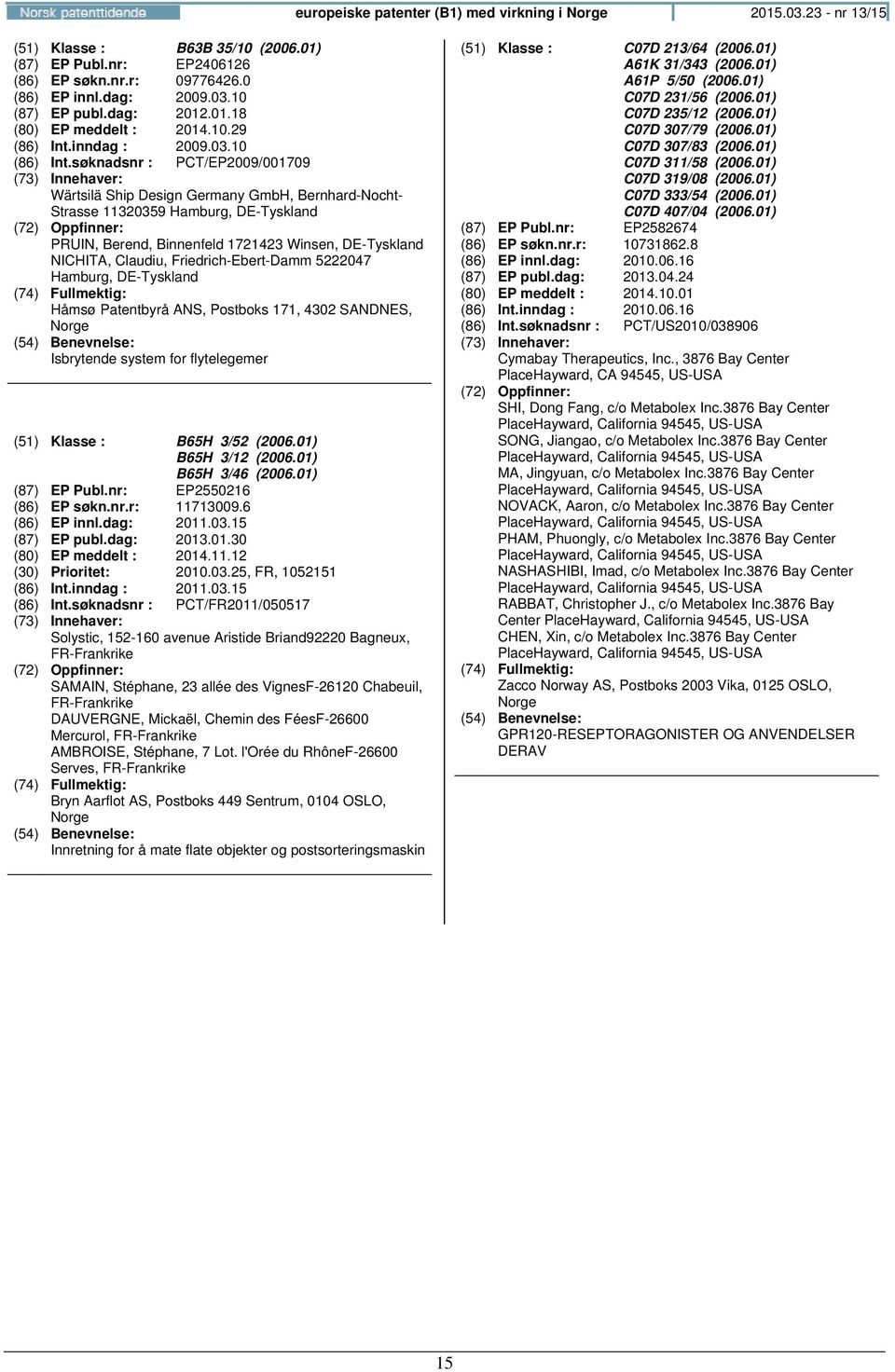 søknadsnr : PCT/EP2009/001709 Wärtsilä Ship Design Germany GmbH, Bernhard-Nocht- Strasse 11320359 Hamburg, DE-Tyskland PRUIN, Berend, Binnenfeld 1721423 Winsen, DE-Tyskland NICHITA, Claudiu,