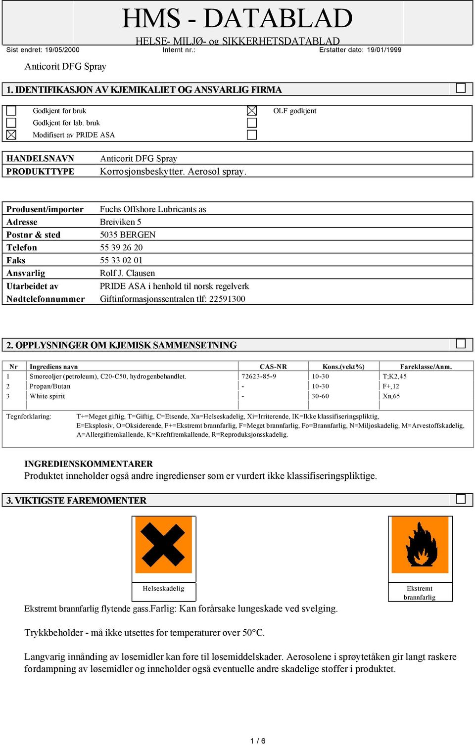 Clausen Utarbeidet av PRIDE ASA i henhold til norsk regelverk Nødtelefonnummer Giftinformasjonssentralen tlf: 22591300 2. OPPLYSNINGER OM KJEMISK SAMMENSETNING Nr Ingrediens navn CASNR Kons.
