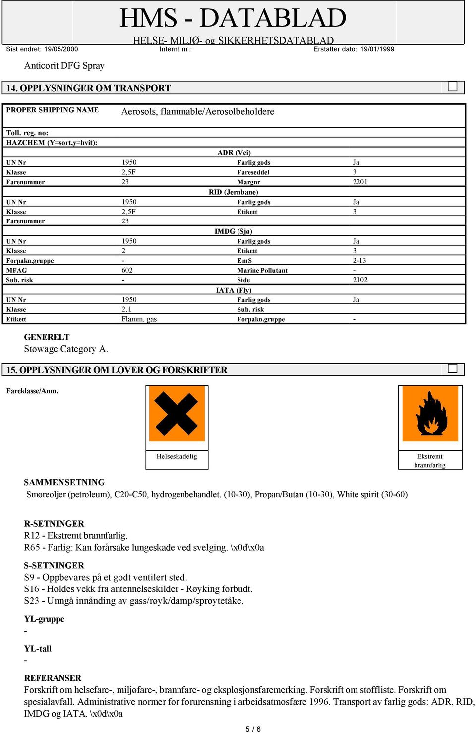 gruppe EmS 213 MFAG 602 Marine Pollutant Sub. risk Side 2102 IATA (Fly) Klasse 2.1 Sub. risk Etikett Flamm. gas Forpakn.gruppe GENERELT Stowage Category A. 15.