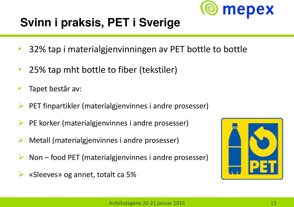 korker (materialgjenvinnes i andre prosesser) Metall (materialgjenvinnes i andre prosesser) Non food