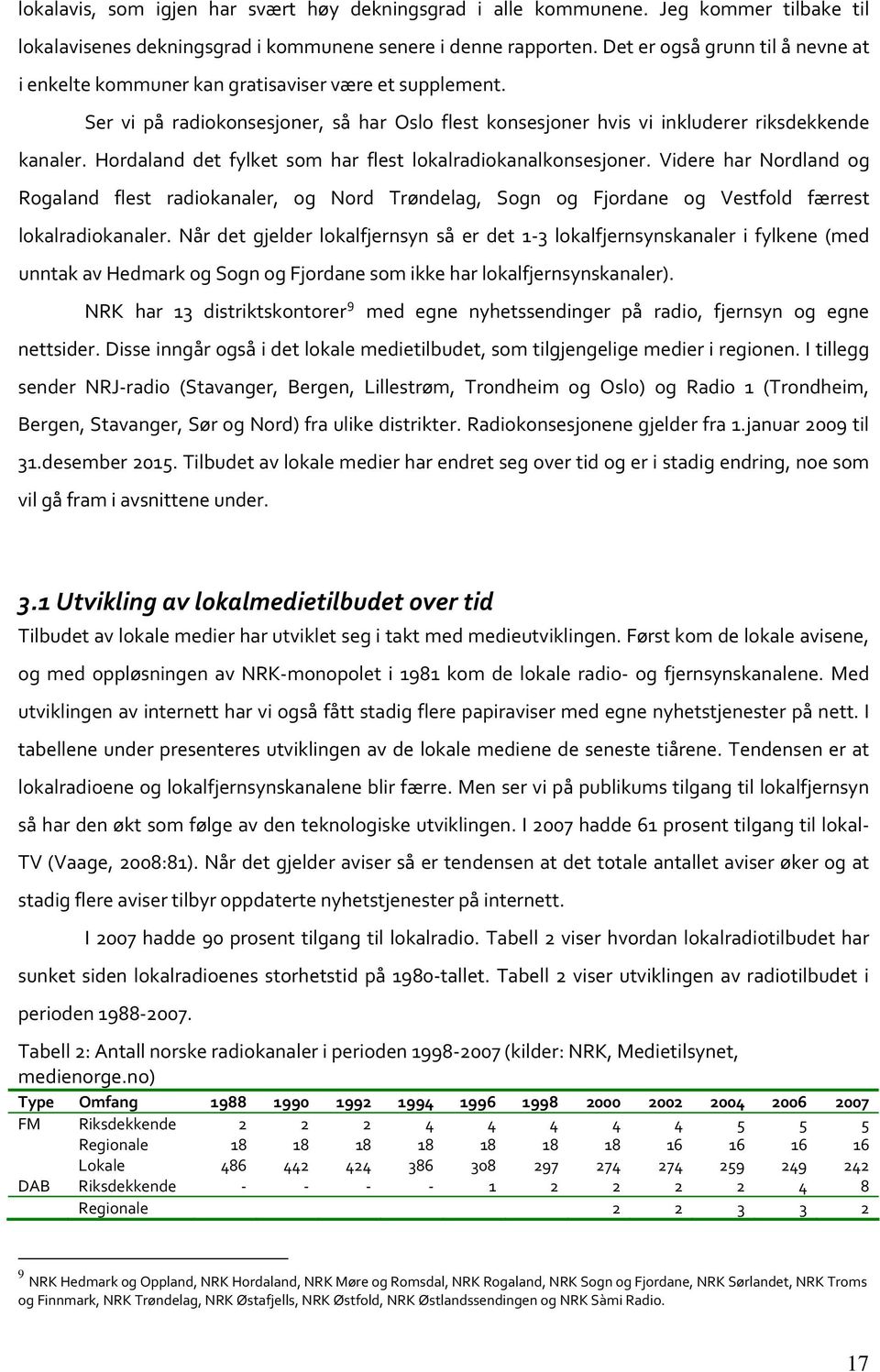 Hordaland det fylket som har flest lokalradiokanalkonsesjoner. Videre har Nordland og Rogaland flest radiokanaler, og Nord Trøndelag, Sogn og Fjordane og Vestfold færrest lokalradiokanaler.