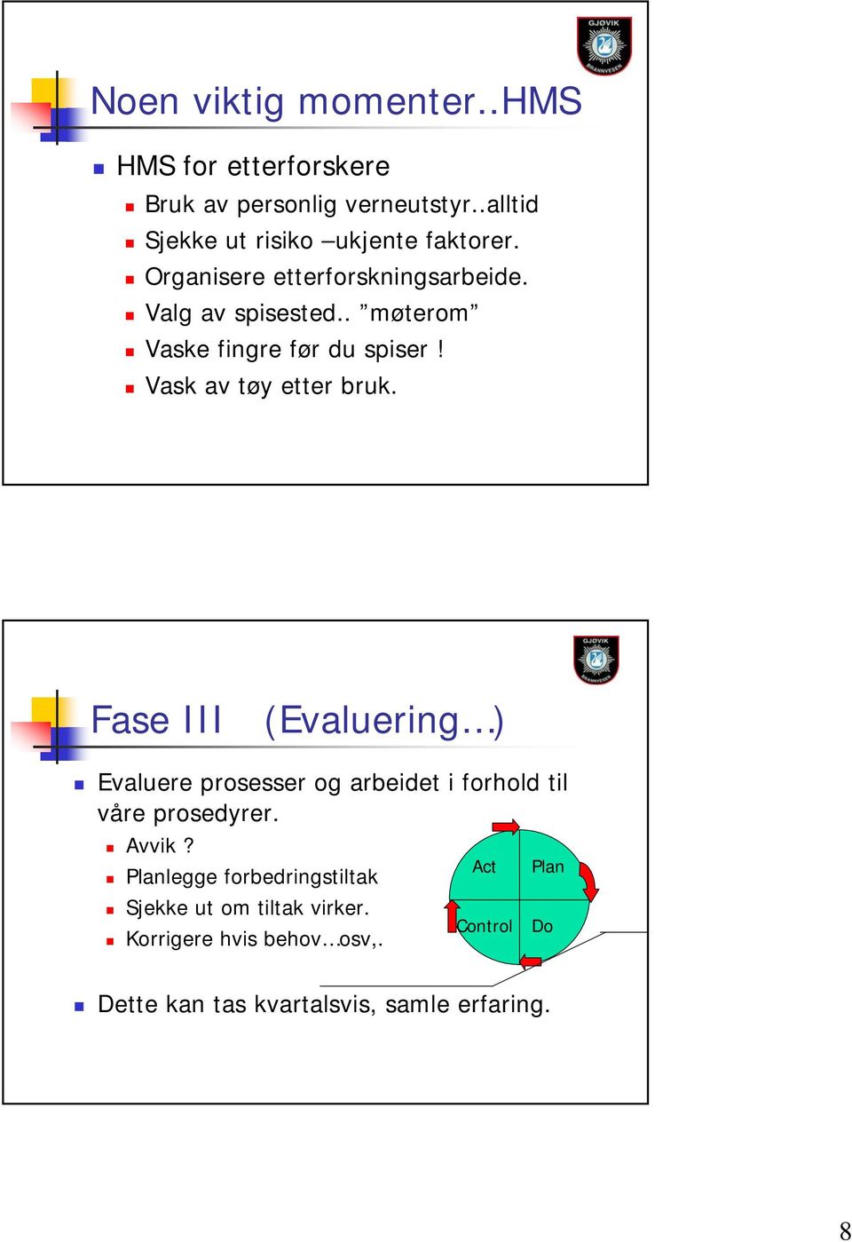 Fase III (Evaluering ) Evaluere prosesser og arbeidet i forhold til våre prosedyrer. Avvik?