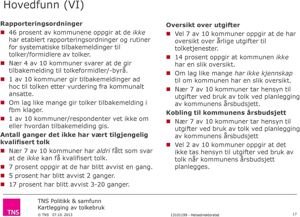 Om lag like mange gir tolker tilbakemelding i fbm klager. 1 av kommuner/respondenter vet ikke om eller hvordan tilbakemelding gis.