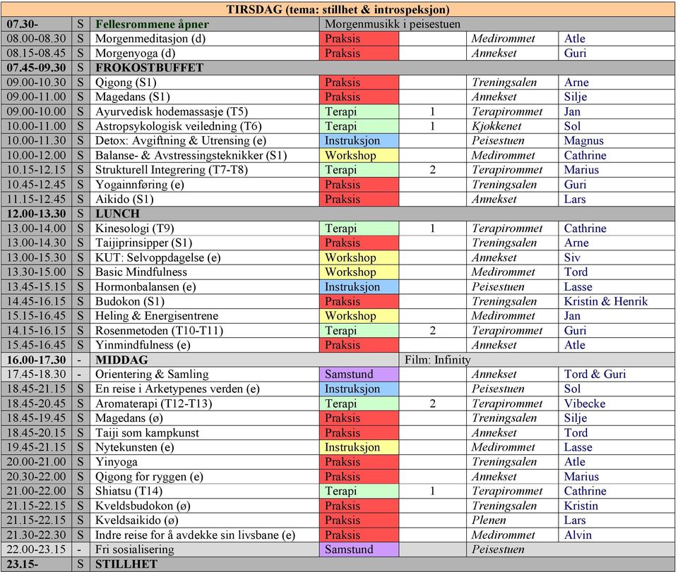 00-11.00 S Astropsykologisk veiledning (T6) Terapi 1 Kjøkkenet Sol 10.00-11.30 S Detox: Avgiftning & Utrensing (e) Instruksjon Peisestuen Magnus 10.00-12.
