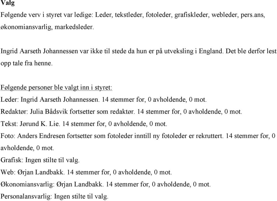 14 stemmer for, 0 avholdende, 0 mot. Redaktør: Julia Bådsvik fortsetter som redaktør. 14 stemmer for, 0 avholdende, 0 mot.