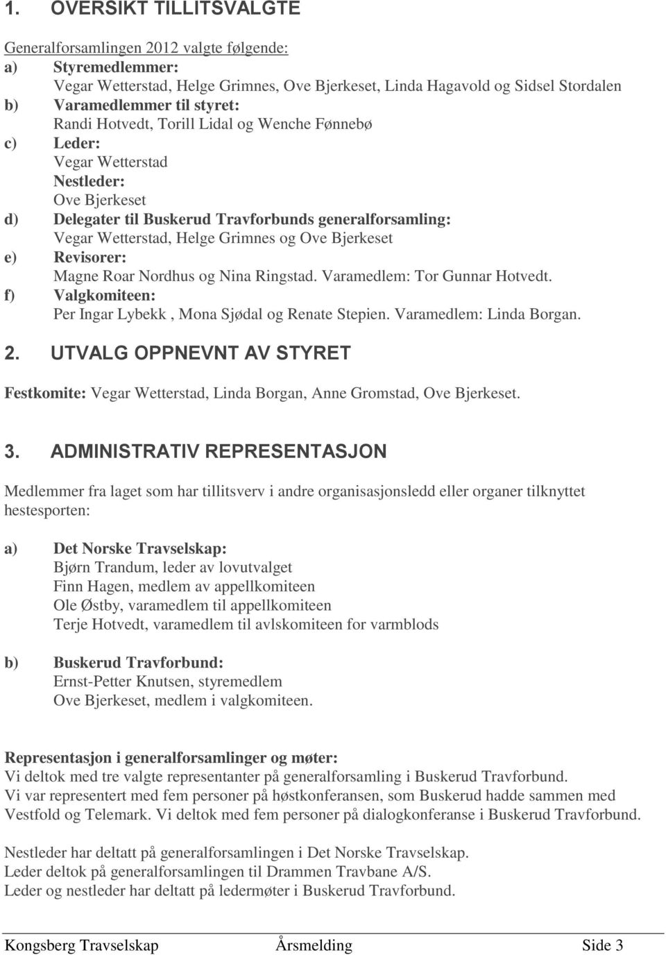 Bjerkeset e) Revisorer: Magne Roar Nordhus og Nina Ringstad. Varamedlem: Tor Gunnar Hotvedt. f) Valgkomiteen: Per Ingar Lybekk, Mona Sjødal og Renate Stepien. Varamedlem: Linda Borgan. 2.