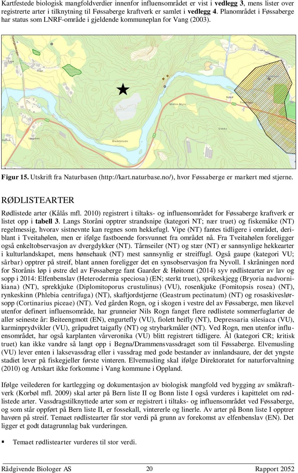 RØDLISTEARTER Rødlistede arter (Kålås mfl. 2010) registrert i tiltaks- og influensområdet for Føssaberge kraftverk er listet opp i tabell 3.