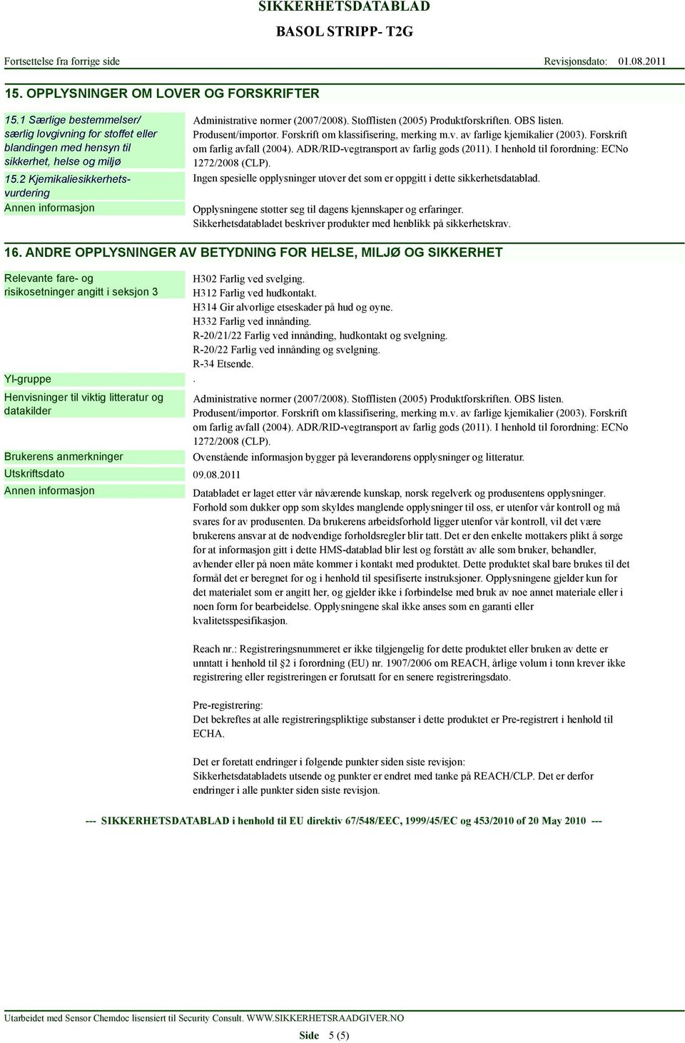 Forskrift om farlig avfall (2004). ADR/RID-vegtransport av farlig gods (2011). I henhold til forordning: ECNo 1272/2008 (CLP).