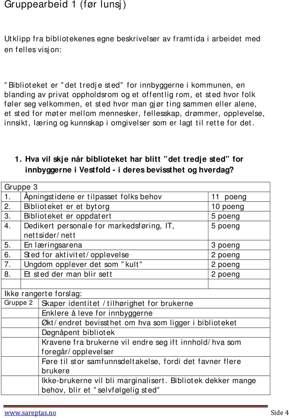 læring og kunnskap i omgivelser som er lagt til rette for det. 1. Hva vil skje når biblioteket har blitt det tredje sted for innbyggerne i Vestfold - i deres bevissthet og hverdag? Gruppe 3 1.