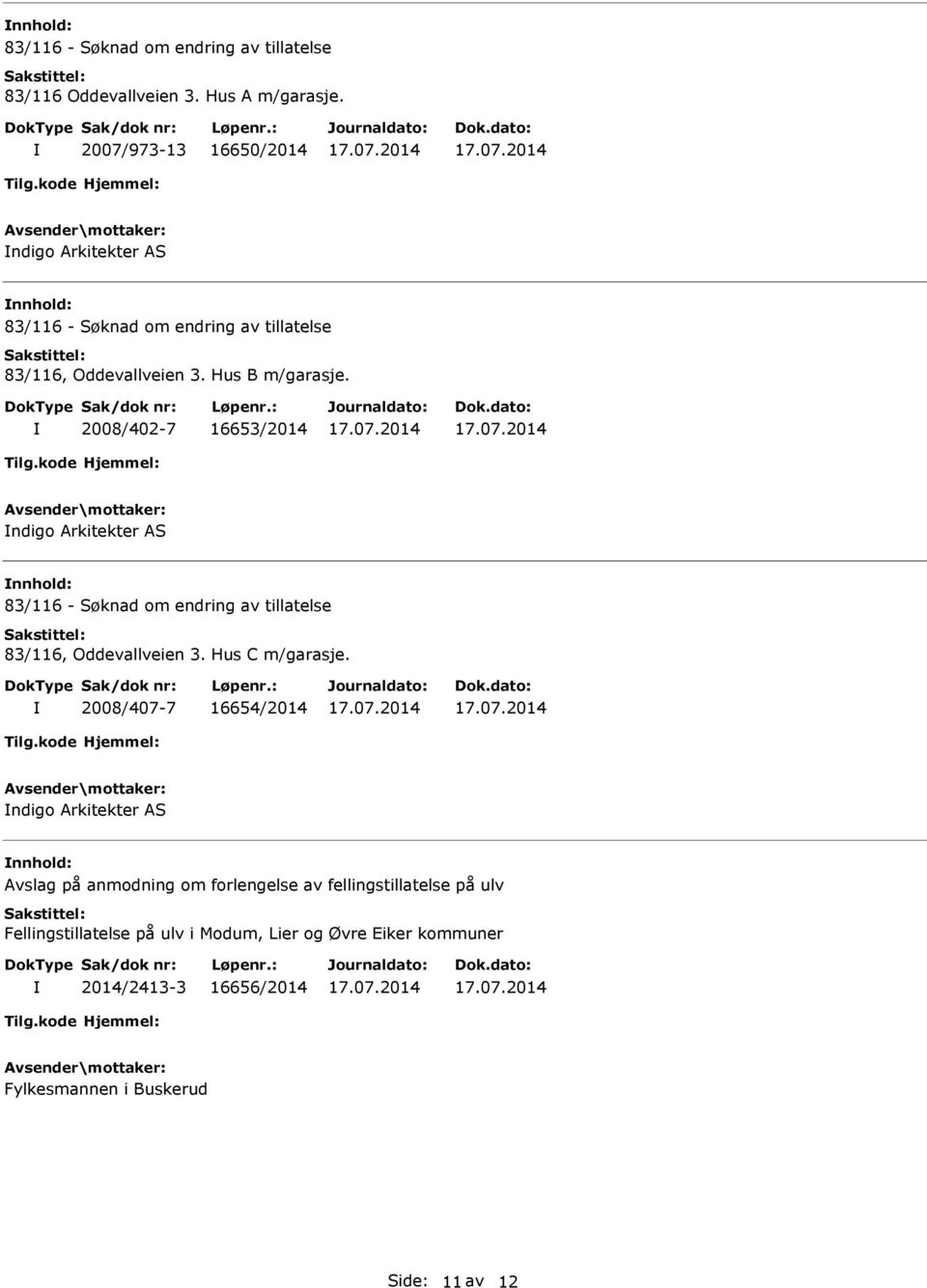 2008/402-7 16653/2014 ndigo Arkitekter AS 83/116 - Søknad om endring av tillatelse 83/116, Oddevallveien 3. Hus C m/garasje.