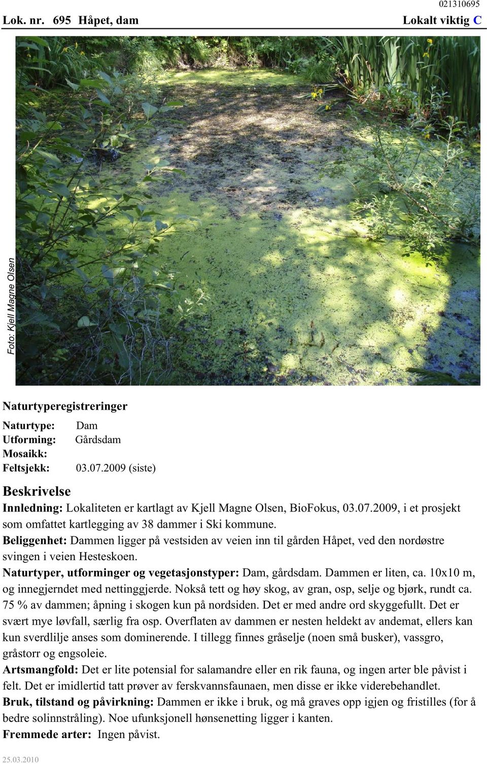 Beliggenhet: Dammen ligger på vestsiden av veien inn til gården Håpet, ved den nordøstre svingen i veien Hesteskoen. Naturtyper, utforminger og vegetasjonstyper: Dam, gårdsdam. Dammen er liten, ca.