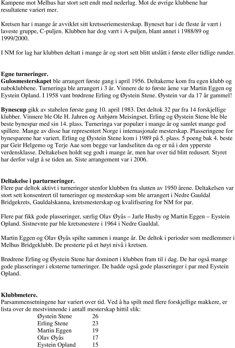 I NM for lag har klubben deltatt i mange år og stort sett blitt utslått i første eller tidlige runder. Egne turneringer. Gulosmesterskapet ble arrangert første gang i april 1956.