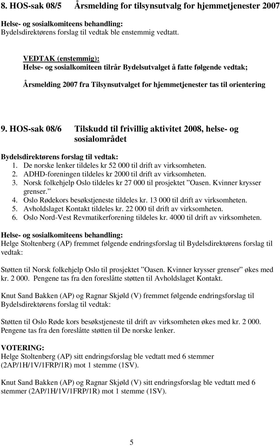 3. Norsk folkehjelp Oslo tildeles kr 27 000 til prosjektet Oasen. Kvinner krysser grenser. 4. Oslo Rødekors besøkstjeneste tildeles kr. 13 000 til drift av virksomheten. 5.