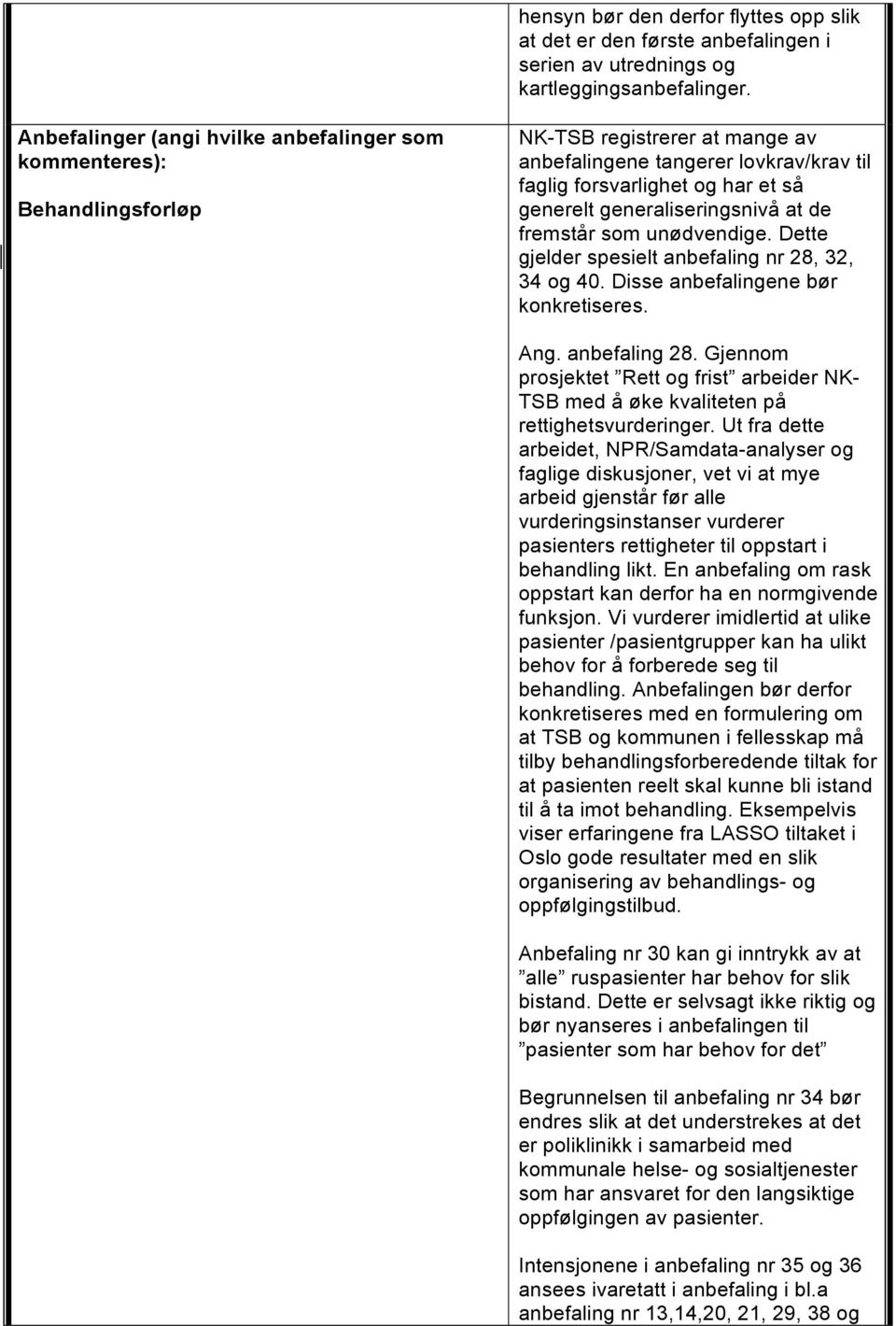 generaliseringsnivå at de fremstår som unødvendige. Dette gjelder spesielt anbefaling nr 28, 32, 34 og 40. Disse anbefalingene bør konkretiseres. Ang. anbefaling 28.