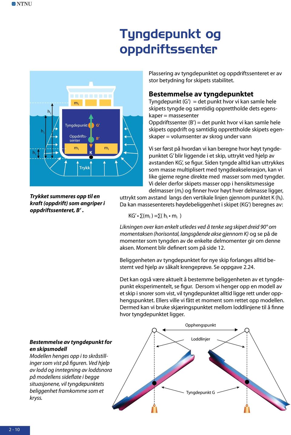 K B m i Bestemmelse av tyngdepunktet Tyngdepunkt (G ) = det punkt hvor vi kan samle hele skipets tyngde og samtidig opprettholde dets egenskaper = massesenter Oppdriftssenter (B ) = det punkt hvor vi