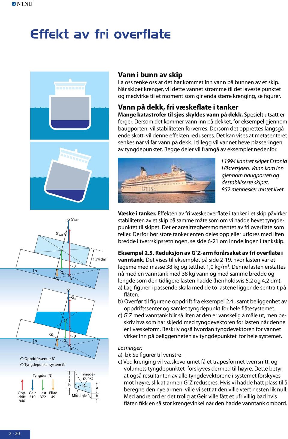 Vann på dekk, fri væskeflate i tanker Mange katastrofer til sjøs skyldes vann på dekk. Spesielt utsatt er ferger.