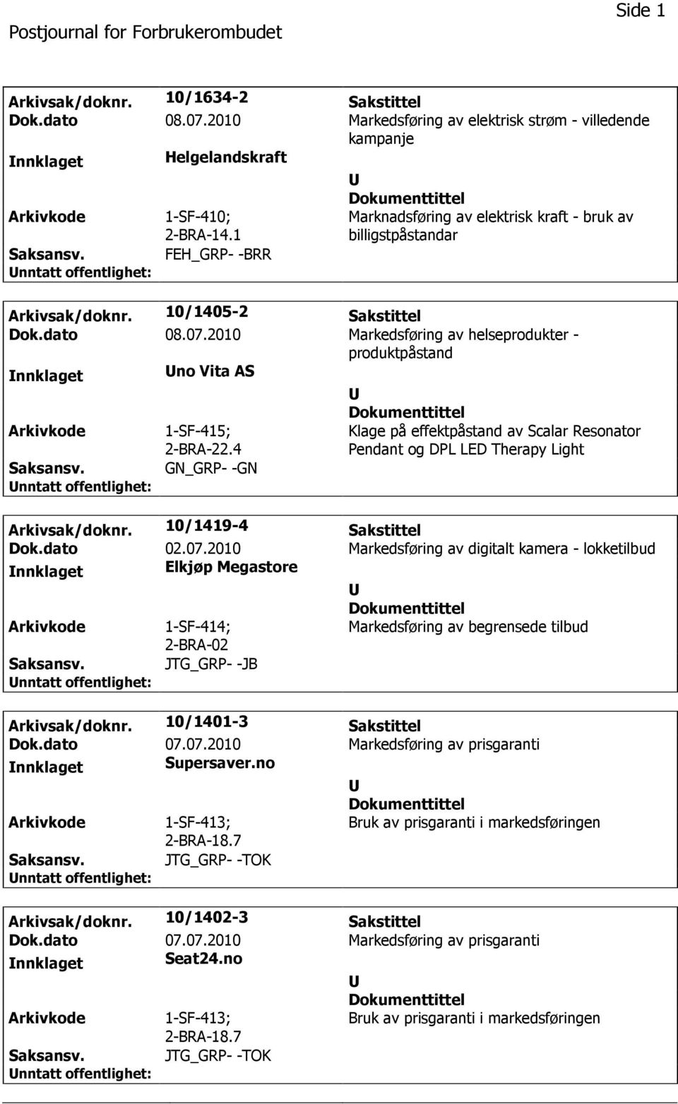 2010 Markedsføring av helseprodukter - produktpåstand nnklaget no Vita AS 1-SF-415; 2-BRA-22.4 GN_GRP- -GN Klage på effektpåstand av Scalar Resonator Pendant og DPL LED Therapy Light Arkivsak/doknr.