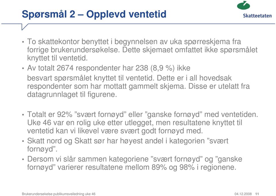 Disse er utelatt fra datagrunnlaget til figurene. Totalt er 92% svært fornøyd eller ganske fornøyd med ventetiden.