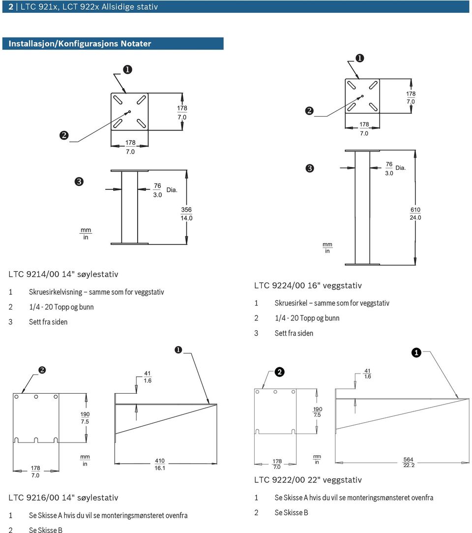 Topp og bnn 3 Sett fra siden 1 2 41 1.6 190 7.5 178 7.0 mm in LTC 9222/00 22" veggstativ 564 22.