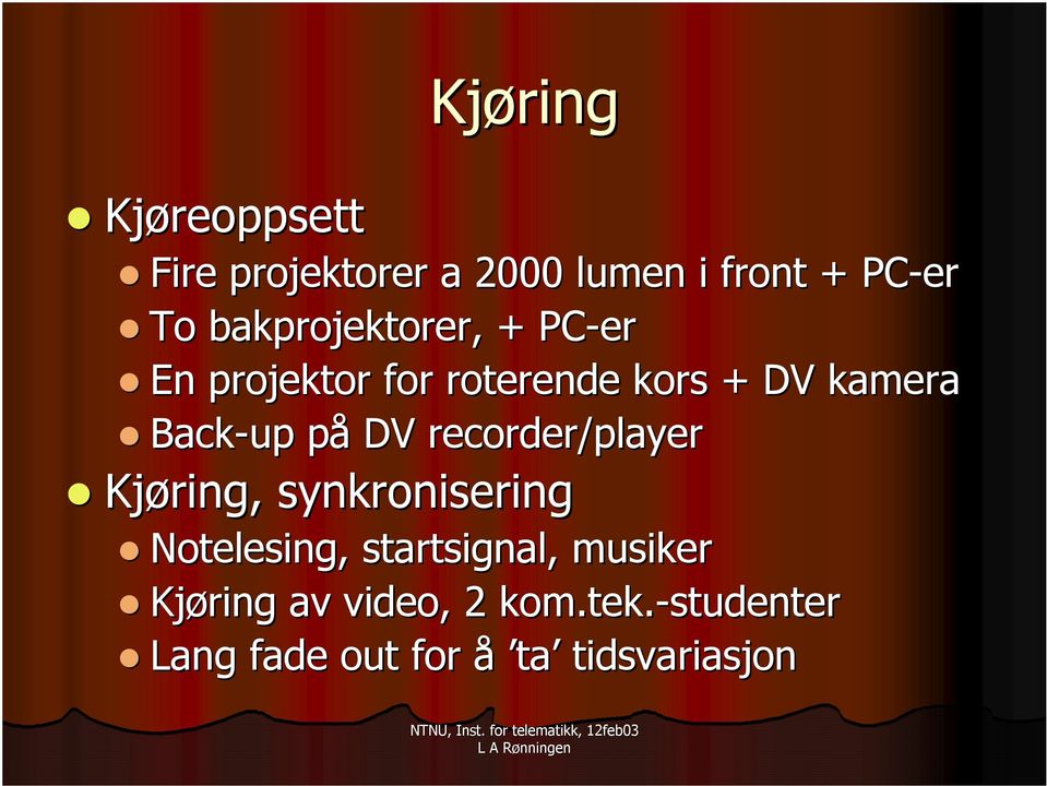 påp DV recorder/player Kjøring, synkronisering Notelesing, startsignal,