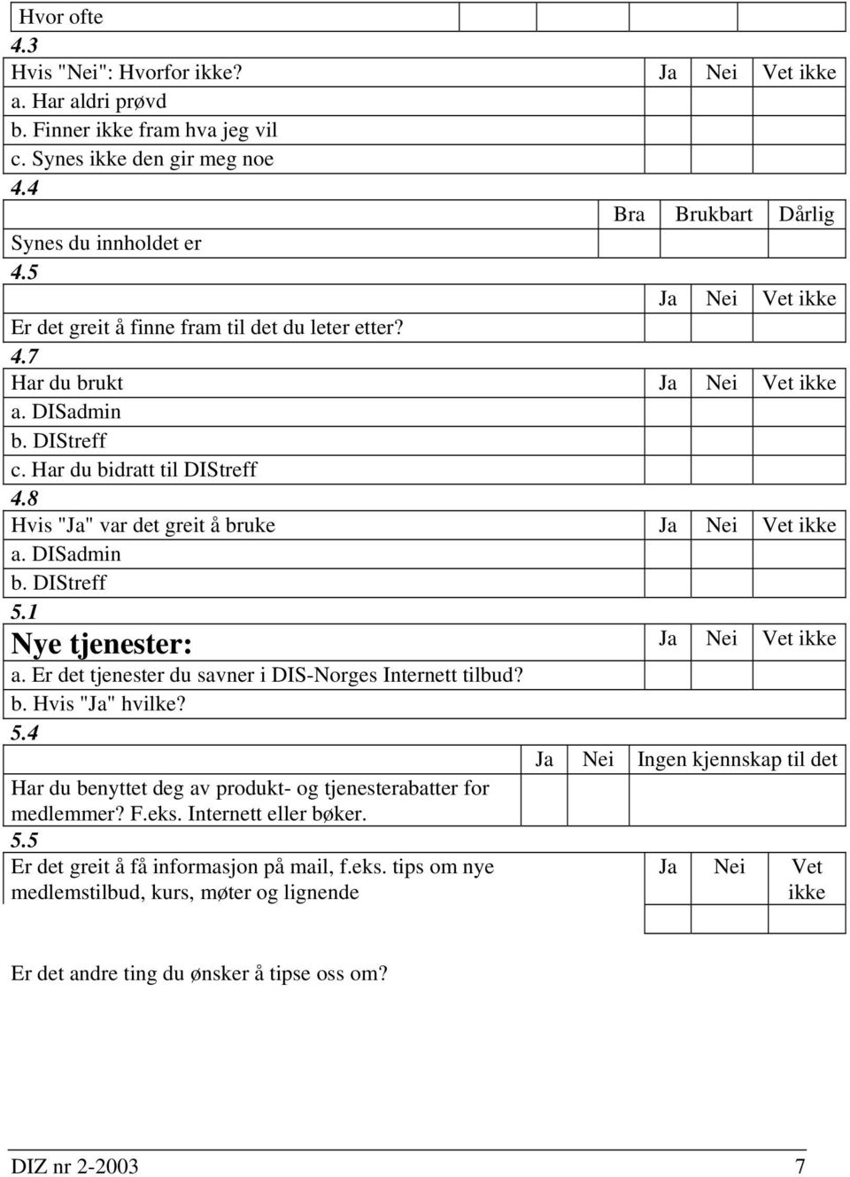 8 Hvis "Ja" var det greit å bruke Ja Nei Vet ikke a. DISadmin b. DIStreff 5.1 Nye tjenester: Ja Nei Vet ikke a. Er det tjenester du savner i DIS-Norges Internett tilbud? b. Hvis "Ja" hvilke? 5.4 Ja Nei Ingen kjennskap til det Har du benyttet deg av produkt- og tjenesterabatter for medlemmer?
