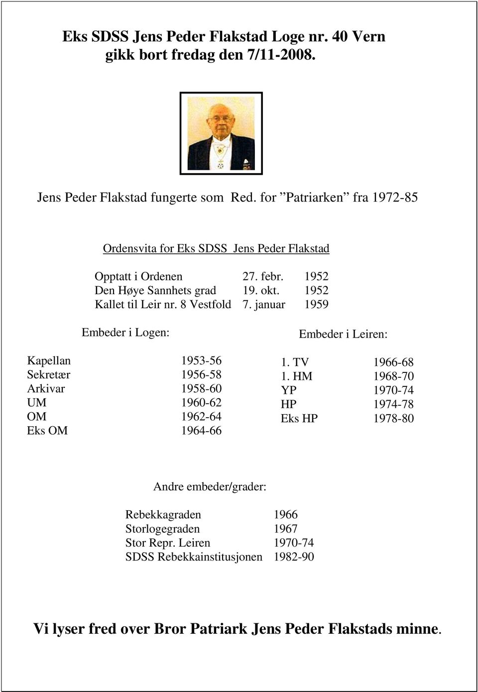 8 Vestfold 7. januar 1959 Embeder i Logen: Kapellan 1953-56 Sekretær 1956-58 Arkivar 1958-60 UM 1960-62 OM 1962-64 Eks OM 1964-66 Embeder i Leiren: 1. TV 1966-68 1.