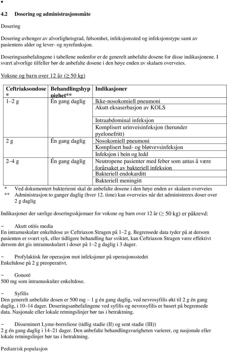 Voksne og barn over 12 år ( 50 kg) Ceftriaksondose Behandlingshyp Indikasjoner * 1 2 g pighet** Én gang daglig Ikke-nosokomiell pneumoni Akutt eksaserbasjon av KOLS Intraabdominal infeksjon