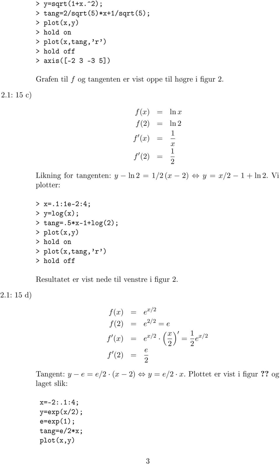 2.1: 15 c) f(x) = ln x f(2) = ln 2 f (x) = 1 x f (2) = 1 2 Likning for tangenten: y ln 2 = 1/2 (x 2) y = x/2 1 + ln 2. Vi plotter: > x=.1:1e-2:4; > y=log(x); > tang=.