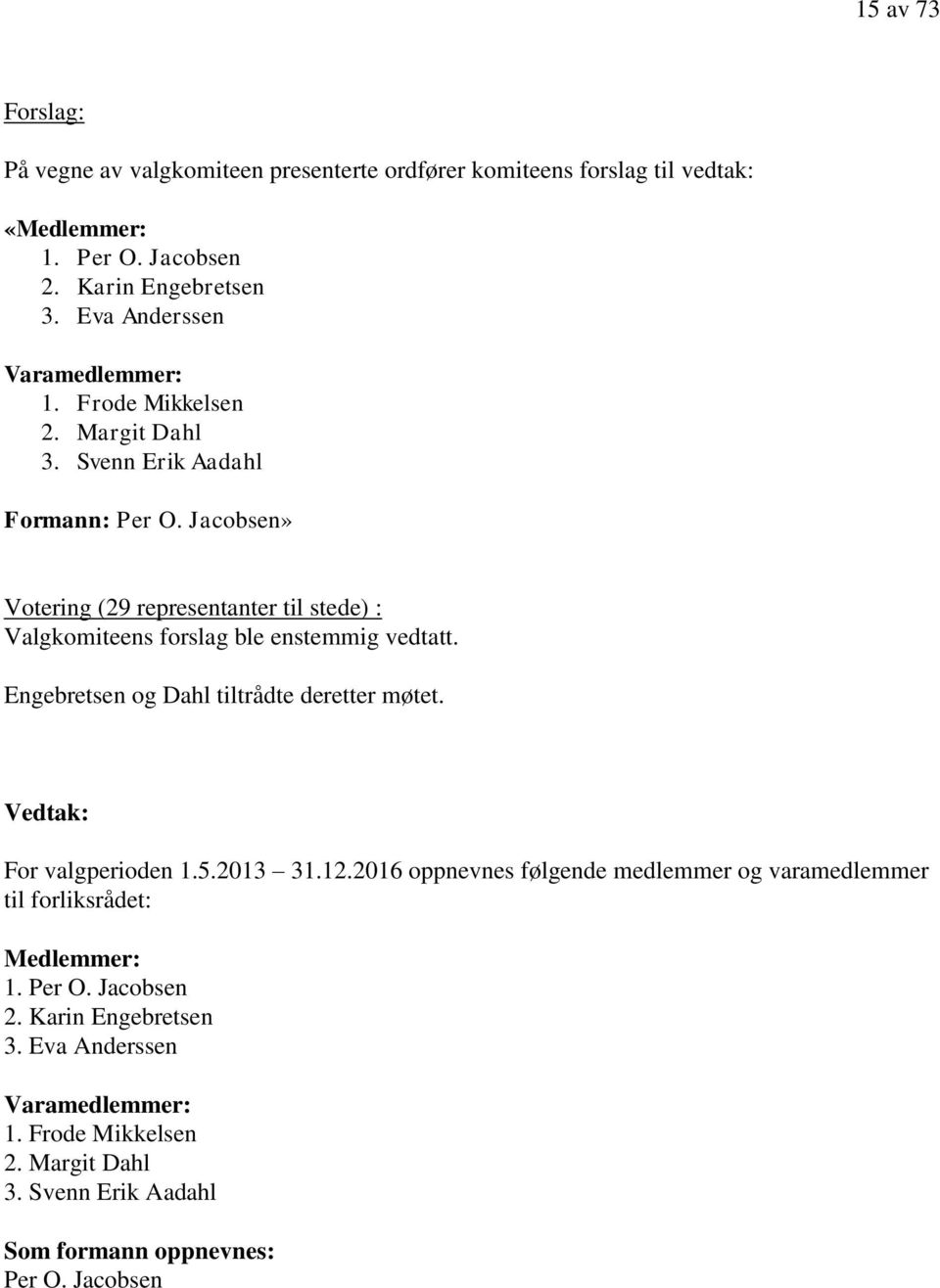 Jacobsen» Votering (29 representanter til stede) : Valgkomiteens forslag ble enstemmig vedtatt. Engebretsen og Dahl tiltrådte deretter møtet. Vedtak: For valgperioden 1.