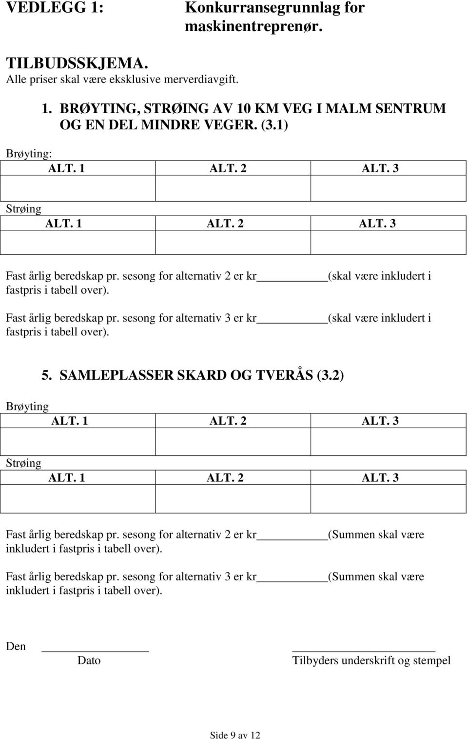 (skal være inkludert i (skal være inkludert i 5. SAMLEPLASSER SKARD OG TVERÅS (3.2) Brøyting ALT. 1 ALT. 2 ALT. 3 Strøing ALT. 1 ALT. 2 ALT. 3 Fast årlig beredskap pr.