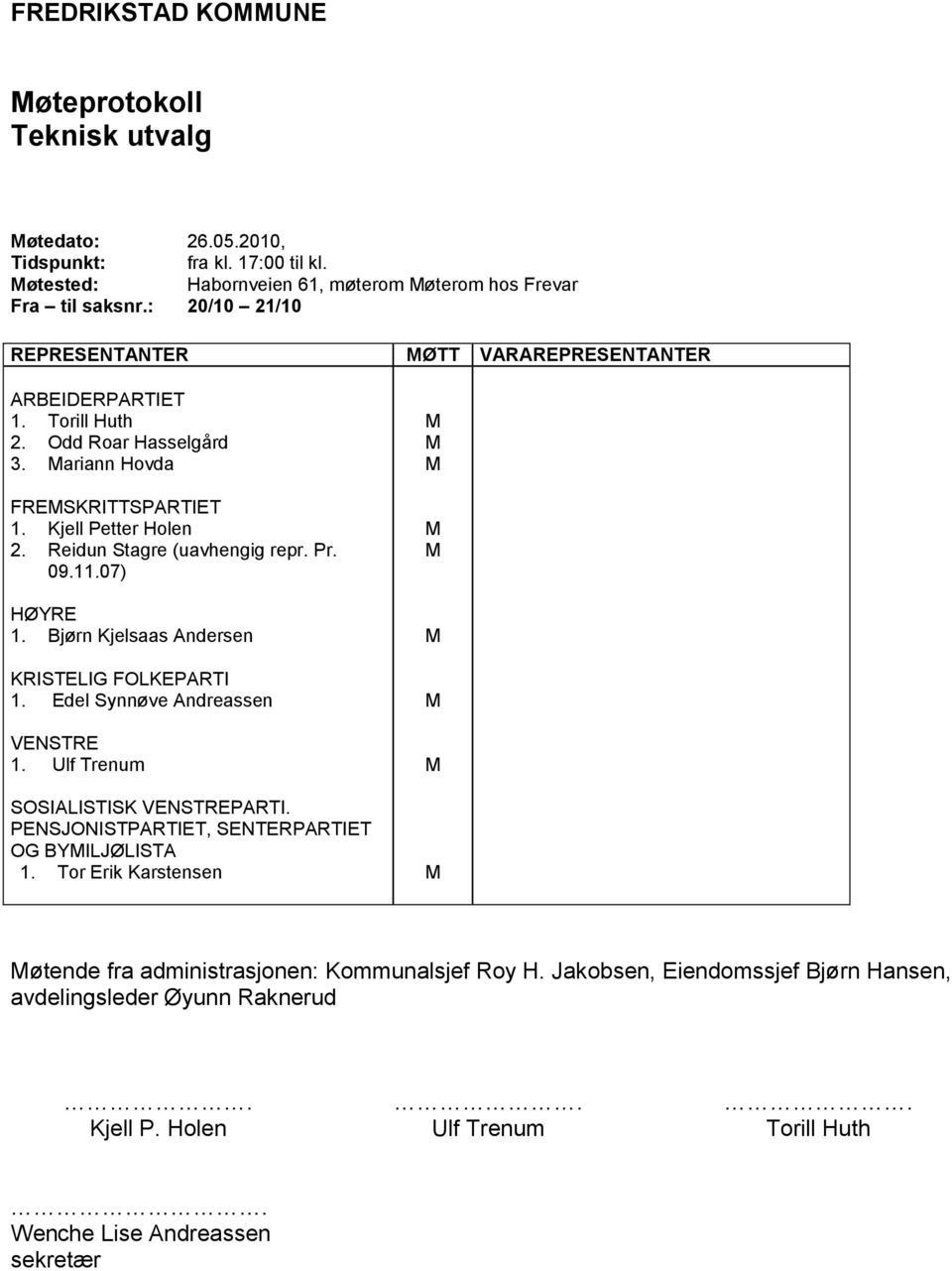 Reidun Stagre (uavhengig repr. Pr. 09.11.07) HØYRE 1. Bjørn Kjelsaas Andersen KRISTELIG FOLKEPARTI 1. Edel Synnøve Andreassen VENSTRE 1. Ulf Trenum SOSIALISTISK VENSTREPARTI.