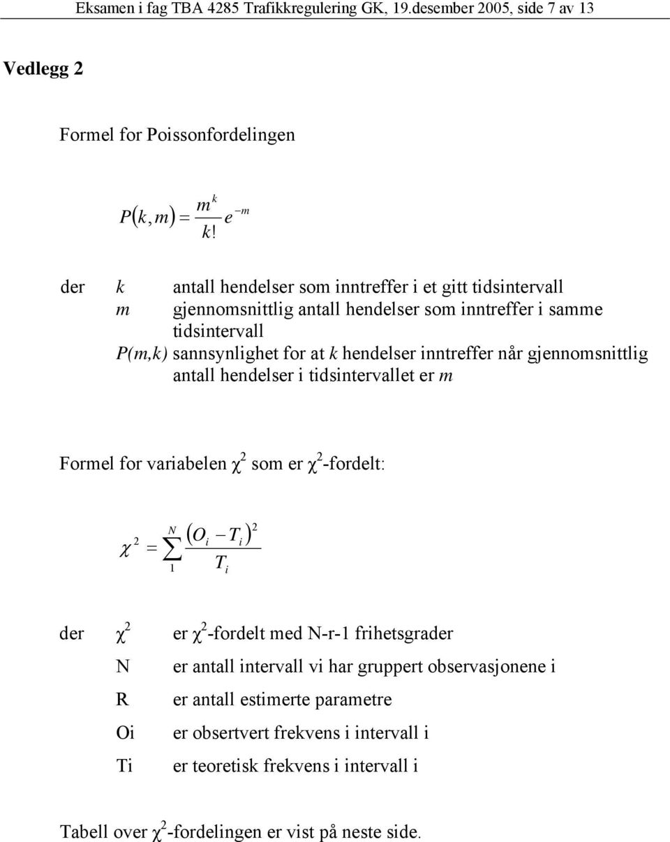 hendelser inntreffer når gjennomsnittlig antall hendelser i tidsintervallet er m Formel for variabelen χ 2 som er χ 2 -fordelt: 2 χ ( O T ) N = i T 1 i i 2 der χ 2 er χ 2 -fordelt