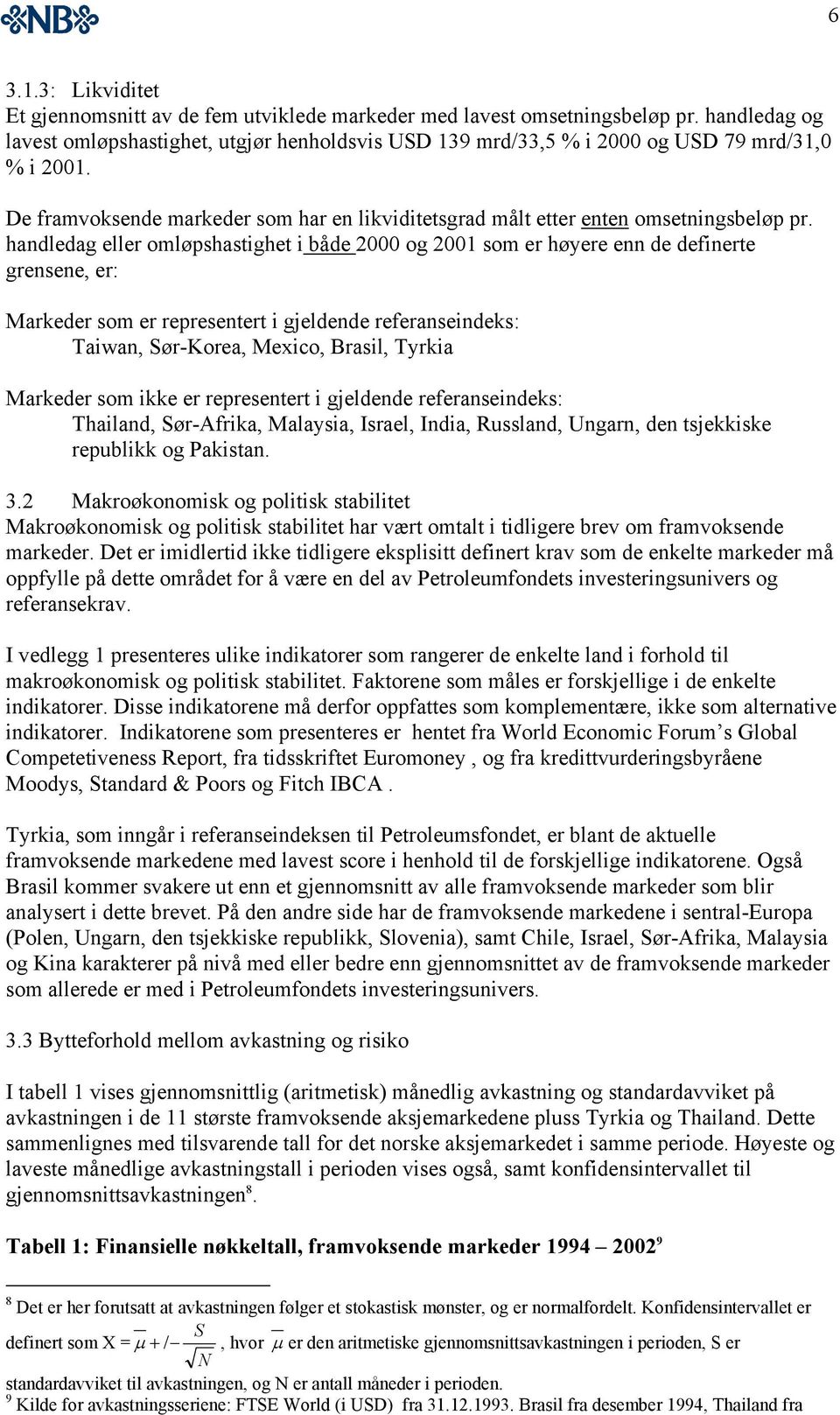 handledag eller omløpshastighet i både 2000 og 2001 som er høyere enn de definerte grensene, er: Markeder som er representert i gjeldende referanseindeks: Taiwan, Sør-Korea, Mexico, Brasil, Tyrkia