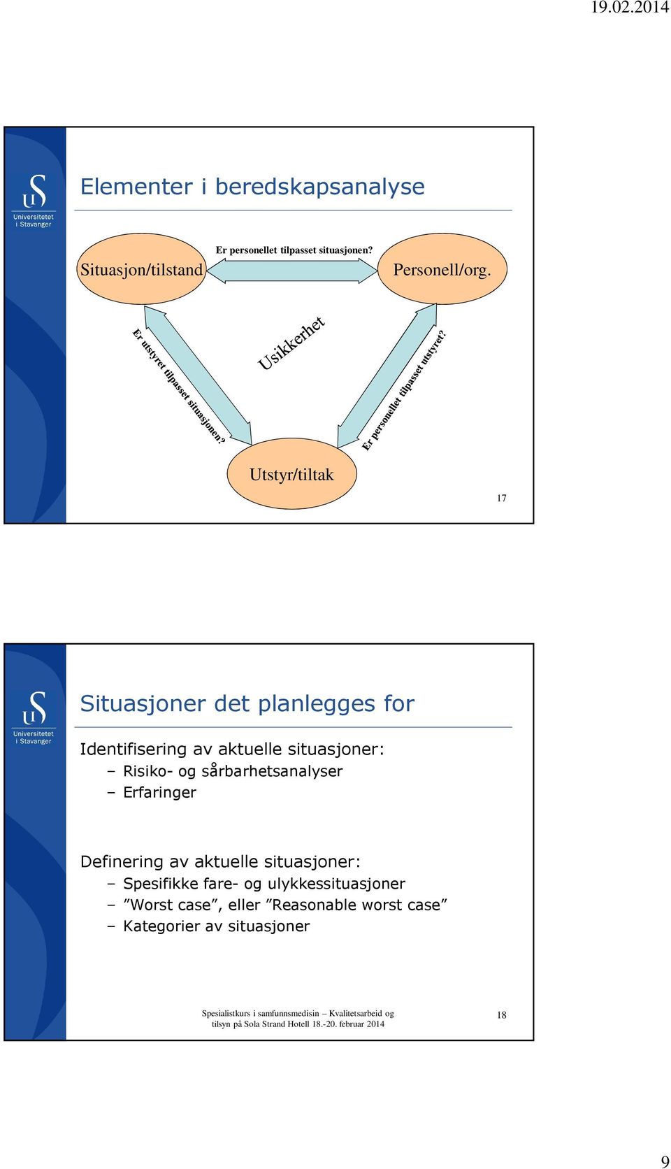 Utstyr/tiltak 17 Situasjoner det planlegges for Identifisering av aktuelle situasjoner: