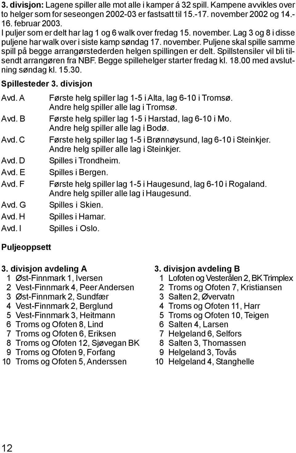 Spillstensiler vil bli tilsendt arrangøren fra NBF. Begge spillehelger starter fredag kl. 18.00 med avslutning søndag kl. 15.30. Spillesteder 3. divisjon Avd.