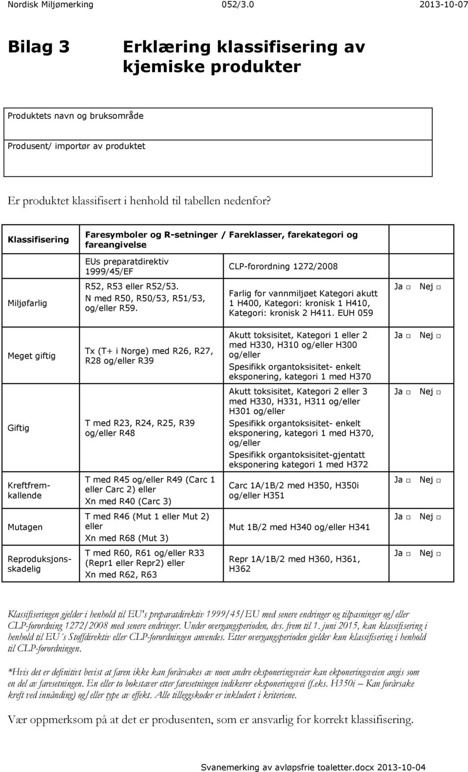 Klassifisering Faresymboler og R-setninger / Fareklasser, farekategori og fareangivelse EUs preparatdirektiv 1999/45/EF CLP-forordning 1272/2008 Miljøfarlig R52, R53 eller R52/53.