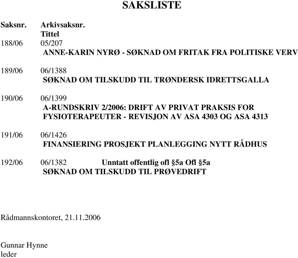 TRØNDERSK IDRETTSGALLA 190/06 06/1399 A-RUNDSKRIV 2/2006: DRIFT AV PRIVAT PRAKSIS FOR FYSIOTERAPEUTER - REVISJON AV