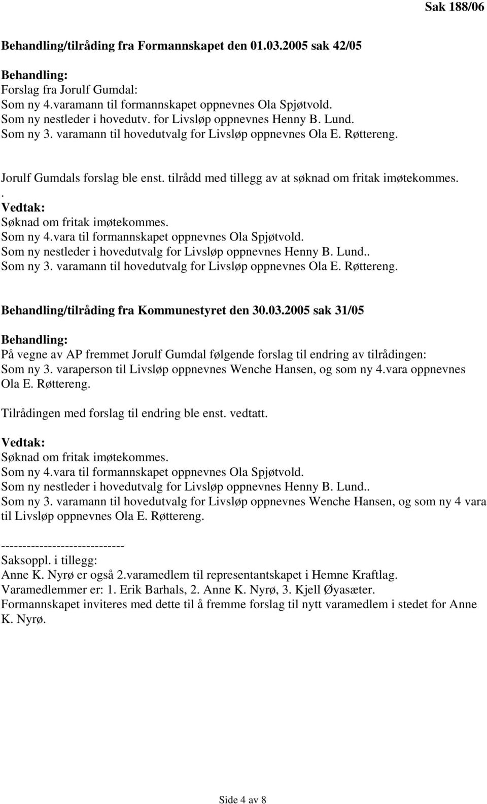 . Søknad om fritak imøtekommes. Som ny 4.vara til formannskapet oppnevnes Ola Spjøtvold. Som ny nestleder i hovedutvalg for Livsløp oppnevnes Henny B. Lund.. Som ny 3.