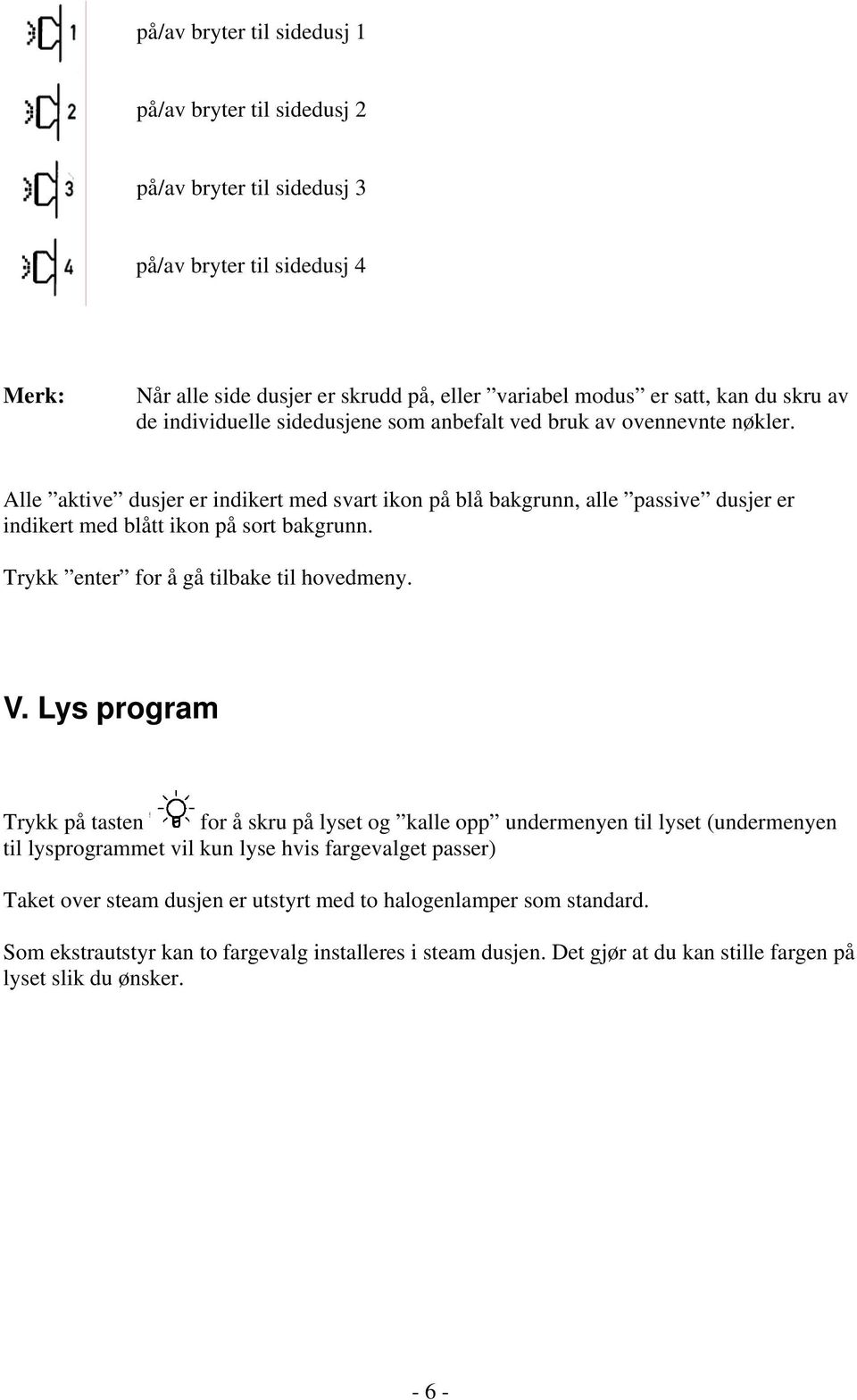 Alle aktive dusjer er indikert med svart ikon på blå bakgrunn, alle passive dusjer er indikert med blått ikon på sort bakgrunn. Trykk enter for å gå tilbake til hovedmeny. V.