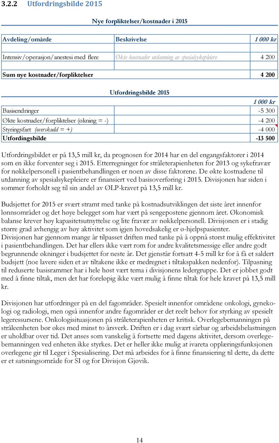 Utfordringsbildet er på 13,5 mill kr, da prognosen for 2014 har en del engangsfaktorer i 2014 som en ikke forventer seg i 2015.