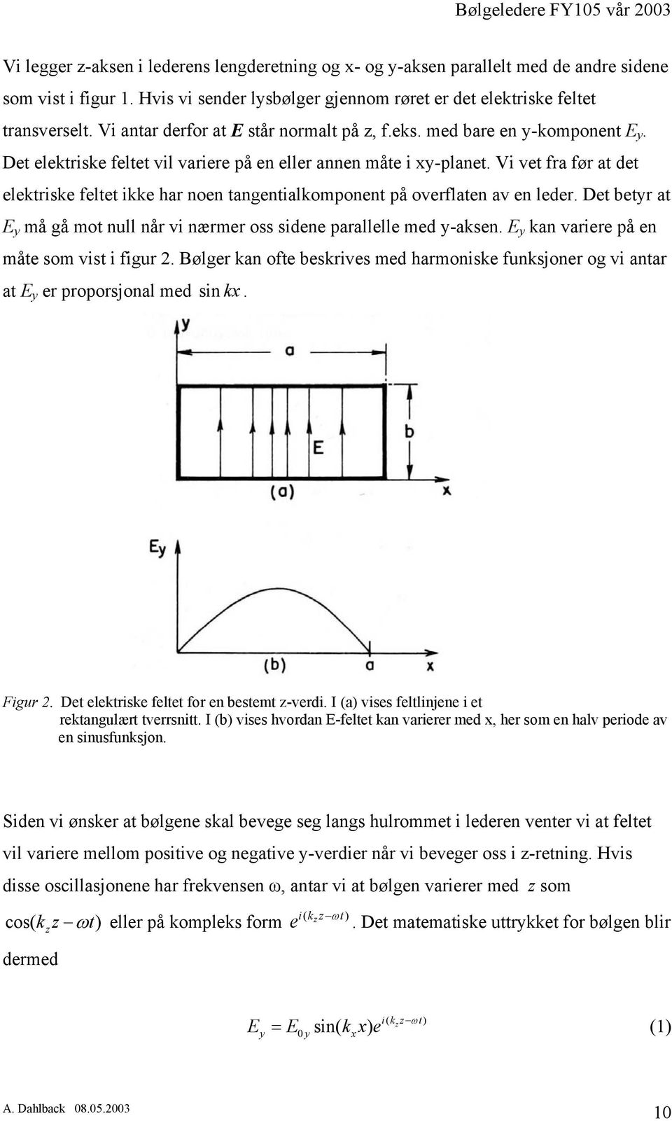 Vi vet fra før at det elektriske feltet ikke har noen tangentialkomponent på overflaten av en leder. Det betyr at E y må gå mot null når vi nærmer oss sidene parallelle med y-aksen.