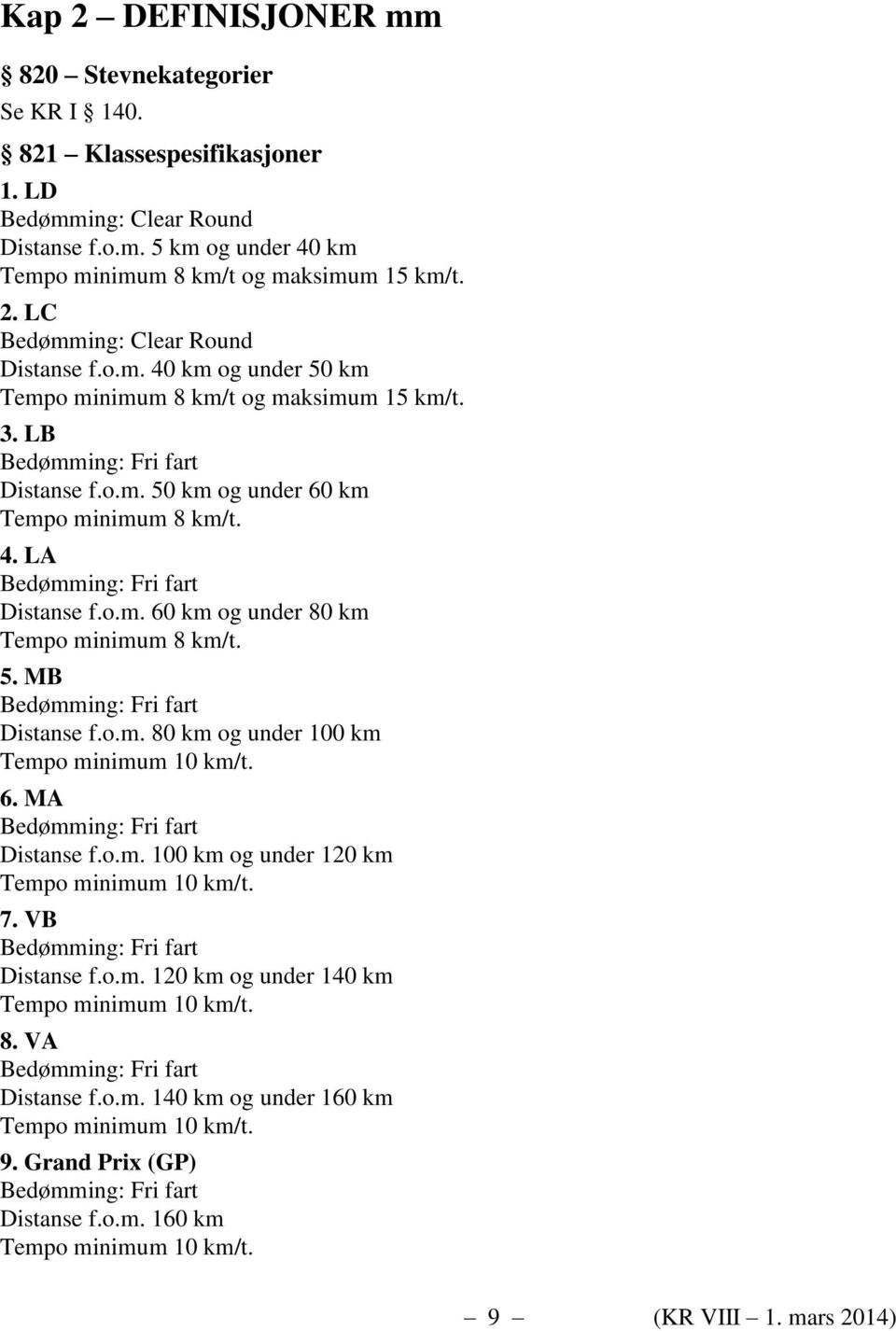 5. MB Bedømming: Fri fart Distanse f.o.m. 80 km og under 100 km Tempo minimum 10 km/t. 6. MA Bedømming: Fri fart Distanse f.o.m. 100 km og under 120 km Tempo minimum 10 km/t. 7.