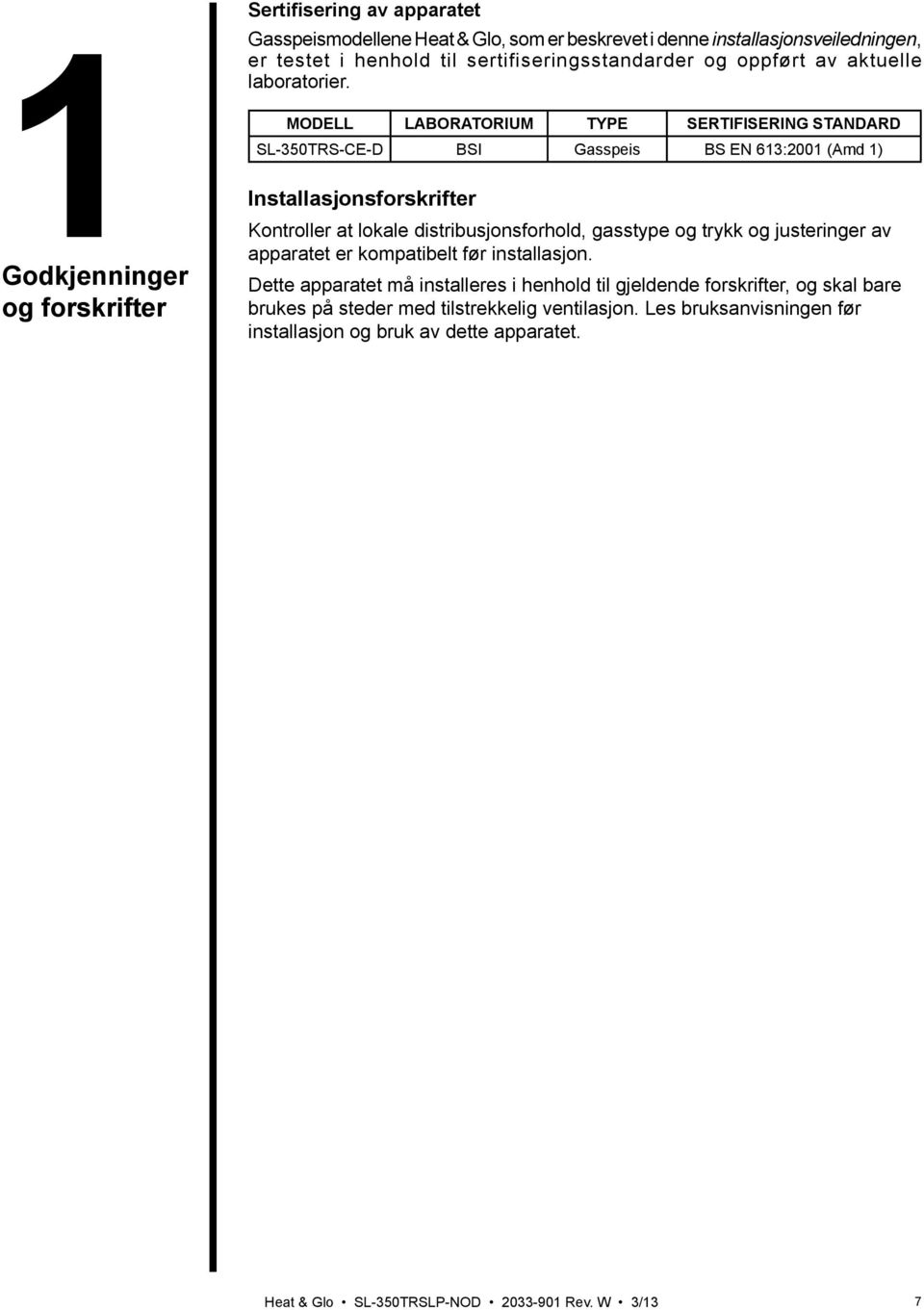 MODELL LABORATORIUM TYPE SERTIFISERING STANDARD SL-350TRS-CE-D BSI Gasspeis BS EN 613:2001 (Amd 1) 1Godkjenninger og forskrifter Installasjonsforskrifter Kontroller