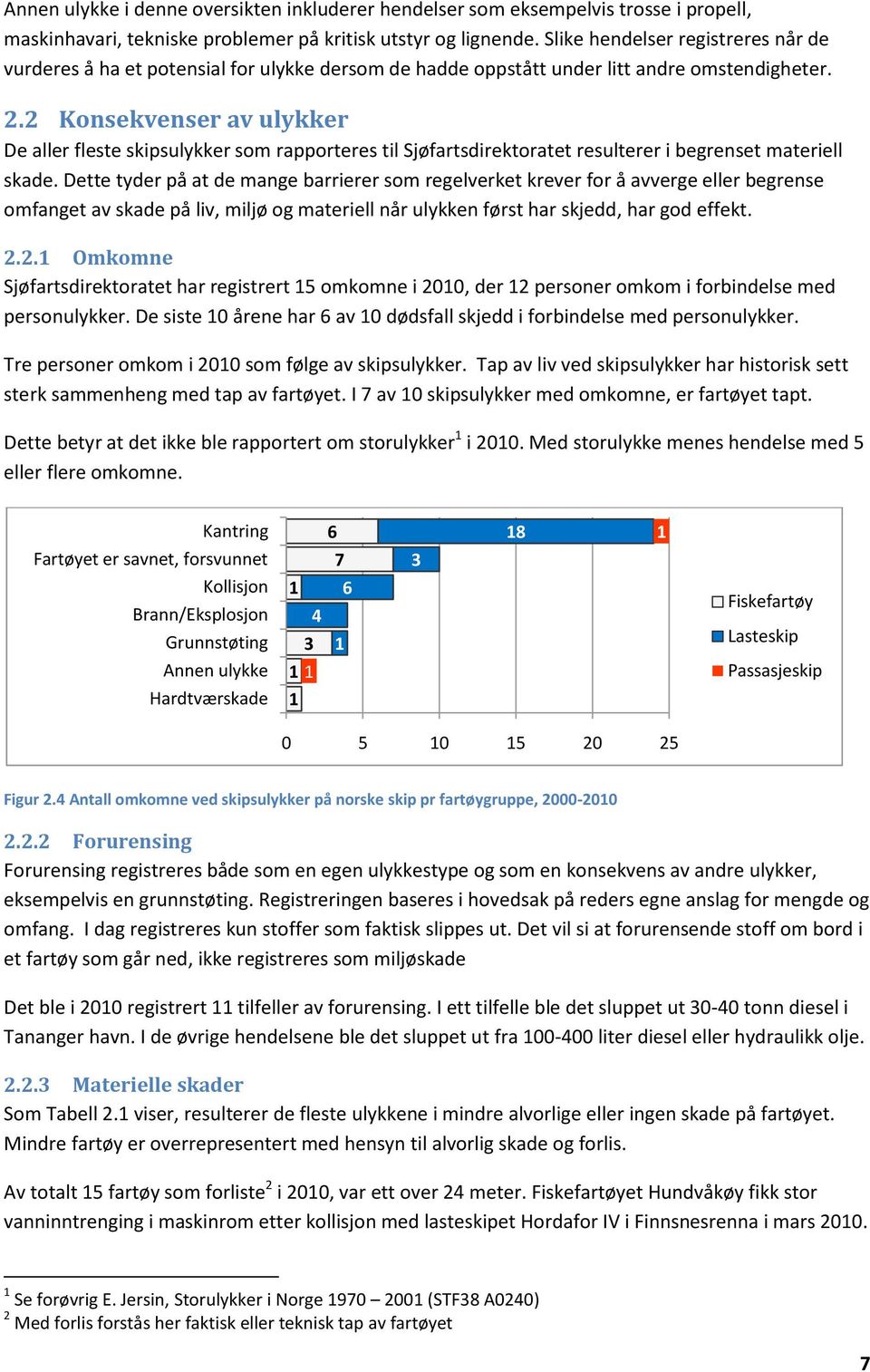 2 Konsekvenser av ulykker De aller fleste skipsulykker som rapporteres til Sjøfartsdirektoratet resulterer i begrenset materiell skade.