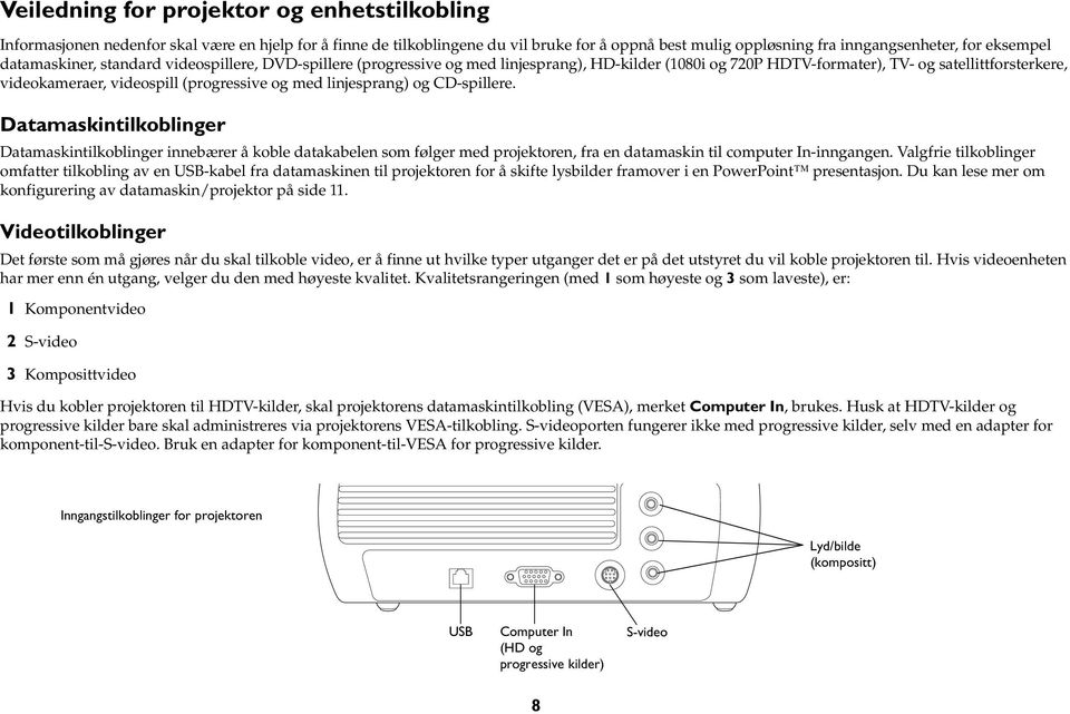 med linjesprang) og CD-spillere. Datamaskintilkoblinger Datamaskintilkoblinger innebærer å koble datakabelen som følger med projektoren, fra en datamaskin til computer In-inngangen.