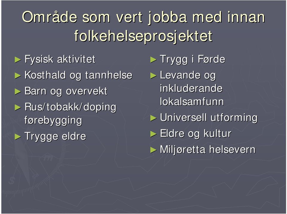Rus/tobakk/doping førebygging Trygge eldre Trygg i FørdeF Levande