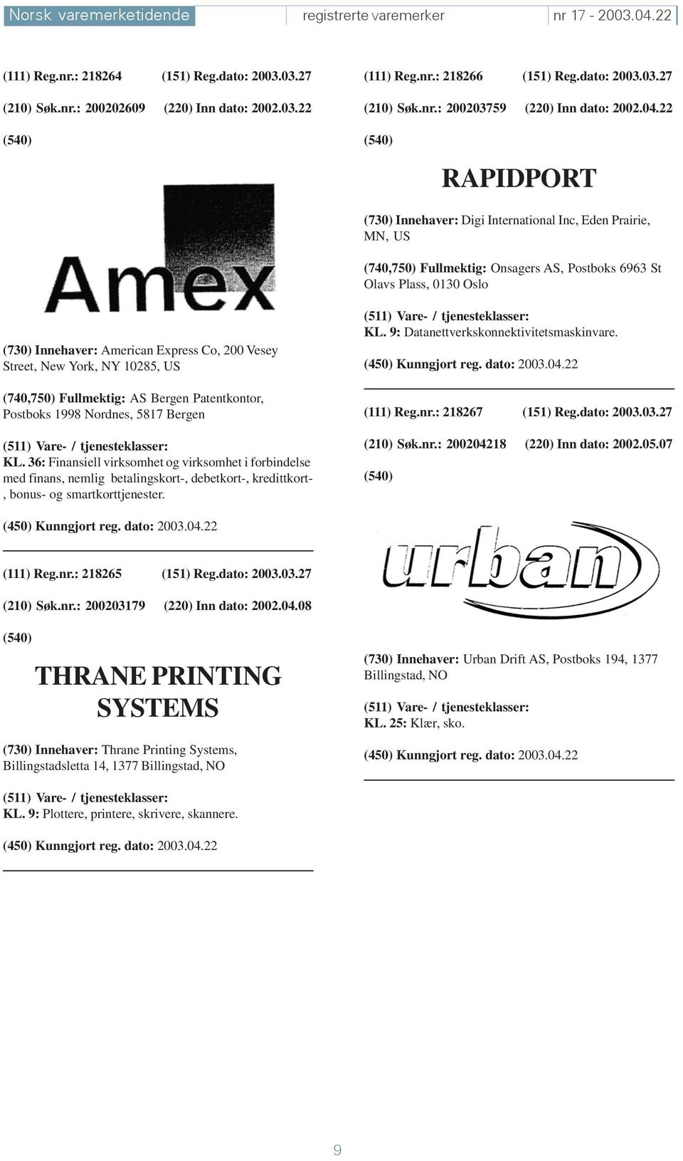 22 RAPIDPORT (730) Innehaver: Digi International Inc, Eden Prairie, MN, US (740,750) Fullmektig: Onsagers AS, Postboks 6963 St Olavs Plass, 0130 Oslo (730) Innehaver: American Express Co, 200 Vesey