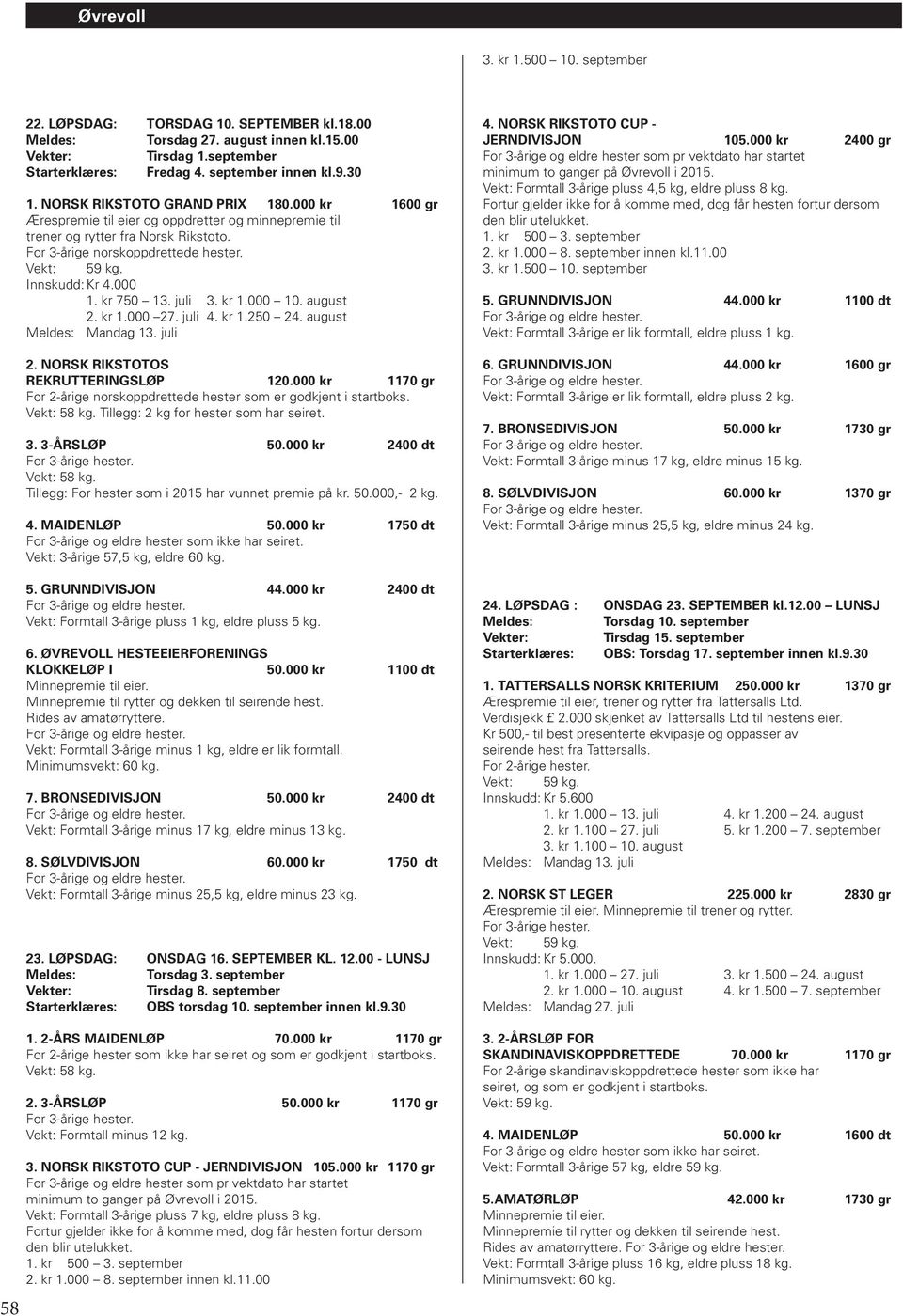 kr 750 13. juli 3. kr 1.000 10. august 2. kr 1.000 27. juli 4. kr 1.250 24. august Mandag 13. juli 2. NORSK RIKSTOTOS REKRUTTERINGSLØP 120.