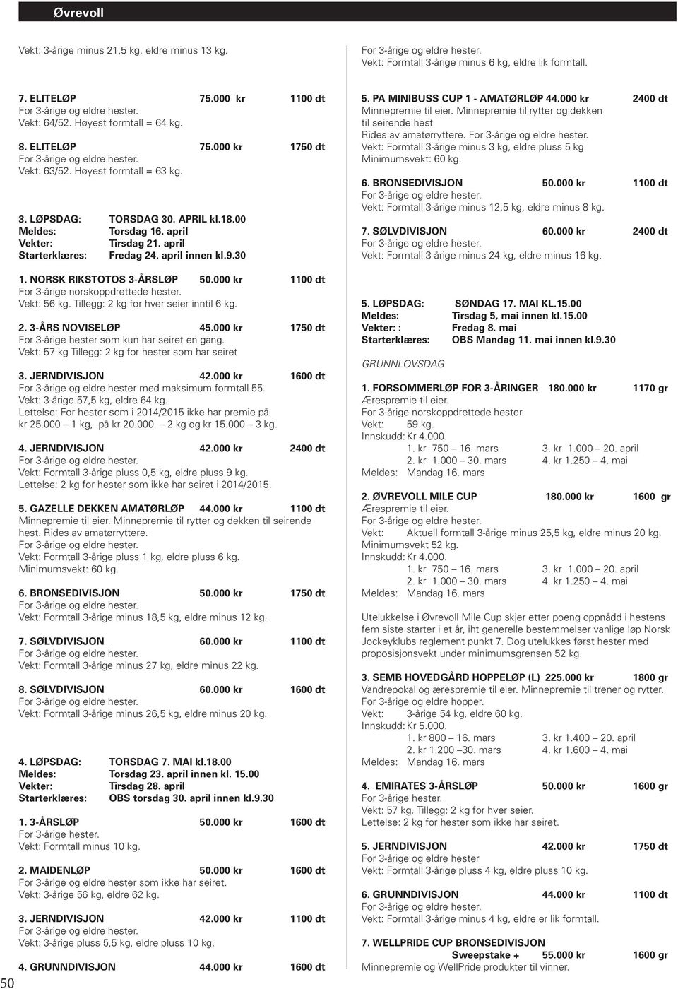 000 kr 1100 dt For 3-årige norskoppdrettede hester. Vekt: 56 kg. Tillegg: 2 kg for hver seier inntil 6 kg. 2. 3-ÅRS NOVISELØP 45.000 kr 1750 dt For 3-årige hester som kun har seiret en gang.