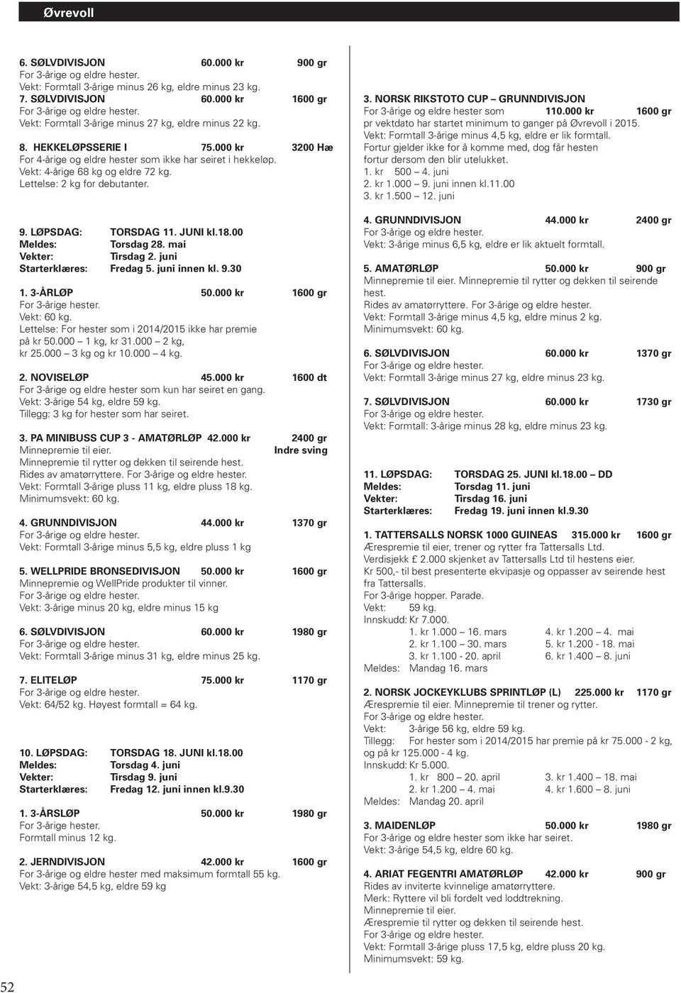 mai Tirsdag 2. juni Starterklæres: Fredag 5. juni innen kl. 9.30 1. 3-ÅRLØP 50.000 kr 1600 gr Vekt: 60 kg. Lettelse: For hester som i 2014/2015 ikke har premie på kr 50.000 1 kg, kr 31.